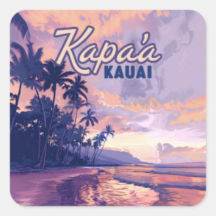 Adesivo Quadrado Kapaa Kauai Hawaii Beach Sunset Palm Tree Retro