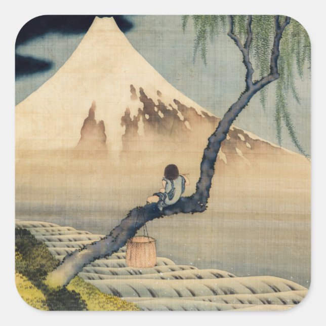 Adesivo Quadrado Katsushika Hokusai - Menino Vivendo o Monte Fuji (Frente)