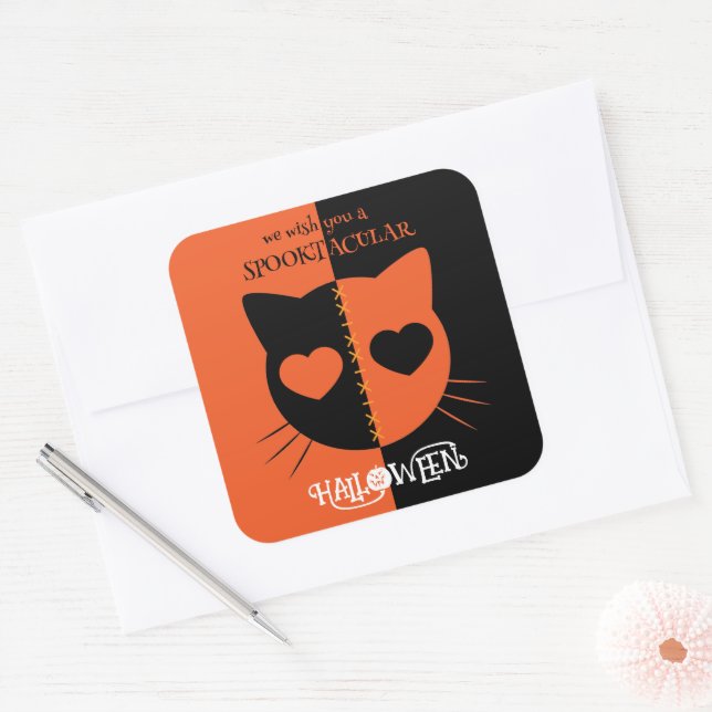 Adesivo Quadrado Kawaii Cachorro Gato Spooktacular Halloween (Envelope)