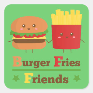 Adesivo Quadrado Kawaii Cartoon Burger Fries Amigos BFF
