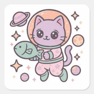 Adesivo Quadrado Kawaii Cat Astronauta Space Sticker