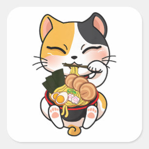 Adesivo Quadrado Kawaii Cat Eating Ramen Japonês Comida Pet Lover