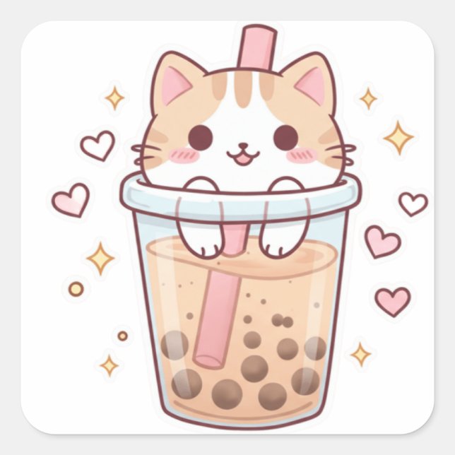 Adesivo Quadrado Kawaii Cat in Boba Cup Sticker – So Cute! (Frente)
