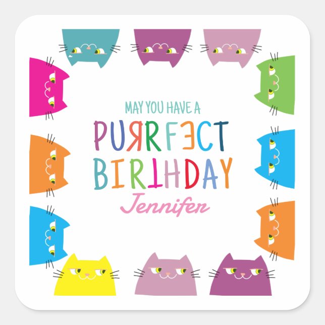 Adesivo Quadrado Kawaii Cat Lover Birthday (Frente)