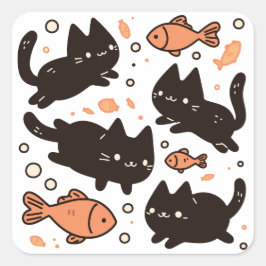 Adesivo Quadrado Kawaii Chibi - Padrão Preto de Gato com Peixe Gold