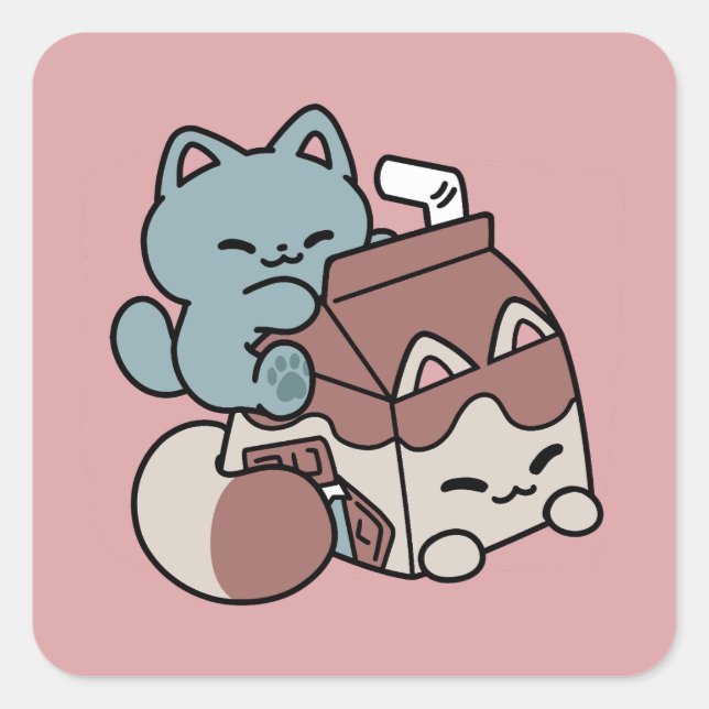 Adesivo Quadrado Kawaii Chocolate Milk Cat – Cozy Drink & Cuteness  (Frente)