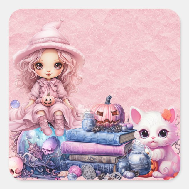 Adesivo Quadrado Kawaii Cute Pink Halloween (Frente)