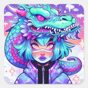 Adesivo Quadrado Kawaii Dragon Headdress Girl in Vaporwave Skies