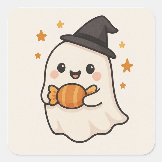 Adesivo Quadrado Kawaii Ghost com o Halloween Candy (Frente)