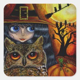 Adesivo Quadrado Kawaii Halloween Owl Witch Doll com Olhos Grandes