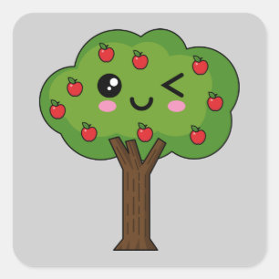 Adesivo Quadrado Kawaii Happy Winking Apple Tree