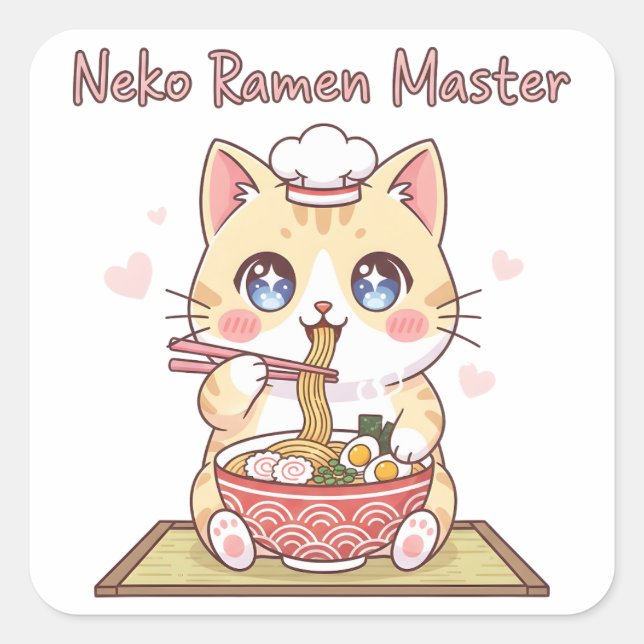 Adesivo Quadrado Kawaii Neko Ramen Master Cute Cat Food Chef (Frente)