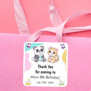 Adesivo Quadrado Kawaii Panda & Tiger Bubble Tea Aniversário Infant