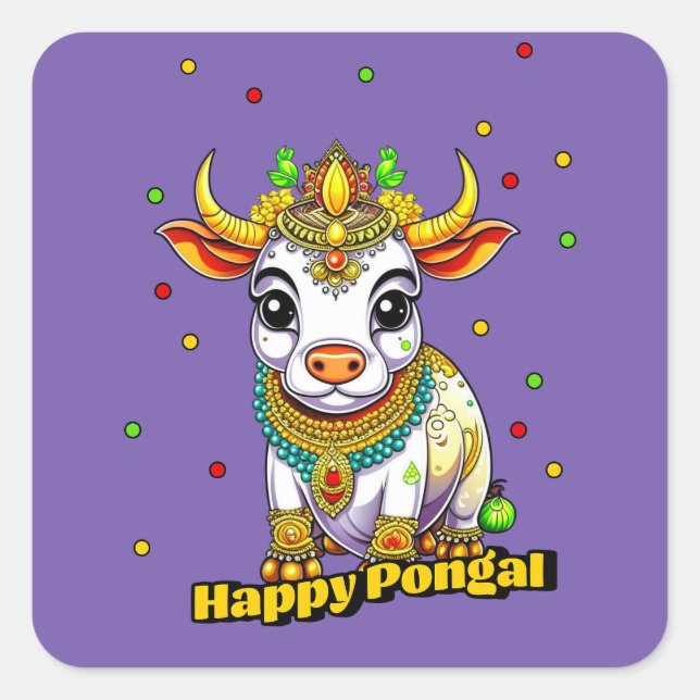 Adesivo Quadrado Kawaii Pongal - Vaca Decorada (Frente)