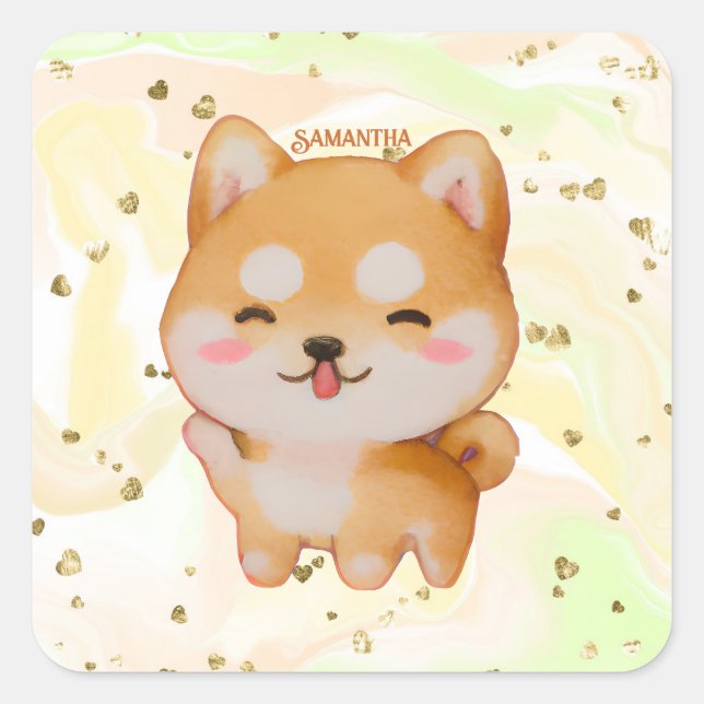 Adesivo Quadrado Kawaii Smiling Cartoon-Style Shiba Inu (Frente)