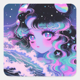 Adesivo Quadrado Kawaii Star Sea Girl sob ondas cósmicas