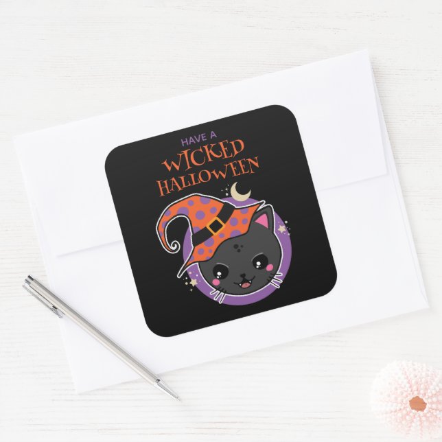 Adesivo Quadrado Kawaii Witch Cat Halloween (Envelope)