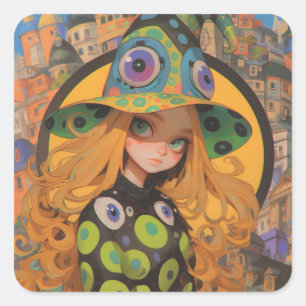 Adesivo Quadrado Kawaii Witch & Eyeball Hat em Cidade Fantástica