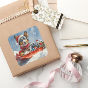 Adesivo Quadrado Kelpie australiano em Sledge Deixe-o nevar Natal