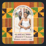 Adesivo Quadrado Kente Photo Custom Name WEDDING<br><div class="desc">These elegant modern arch photo Wedding Thank You stickers—with African Ghanaian Kente cloth in the background—are designed to be the finishing touch to your special cultural wedding day. Perfect for African or cultural weddings, elegant dinners, and birthday brunches, these customizable Kente wedding stickers are ideal for celebrating weddings, anniversaries or...</div>