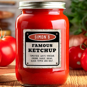 Adesivo Quadrado Ketchup de tomate caseiro editável com sinal enfer