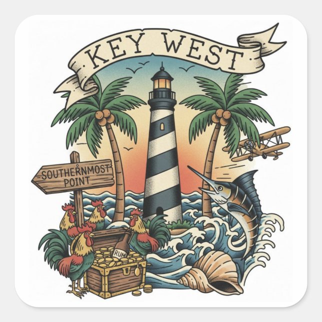 Adesivo Quadrado Key West Florida Travel (Frente)