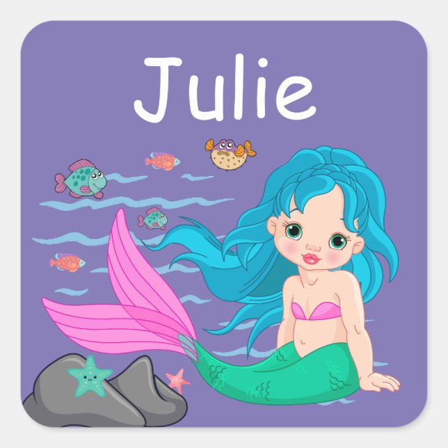Adesivo Quadrado Kids Mermaid Name Sticker (Frente)