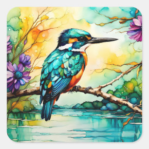 Adesivo Quadrado Kingfisher sobre Água e Flores Selvagens