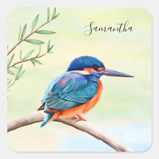 Adesivo Quadrado Kingfisher Watercolor Blue Orange Bird (Frente)