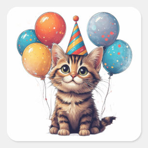 Adesivo Quadrado Kit de Aniversário Colorido com Gatinhos e Balões