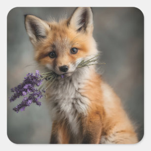 Adesivo Quadrado Kit de Raposa Adorável Segurando Flores de Lavanda