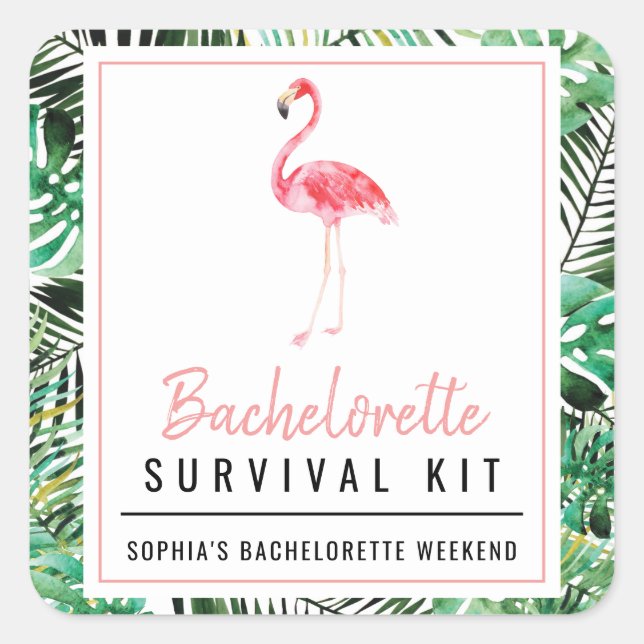 Adesivo Quadrado Kit de Sobrevivência Tropical Flamingo Bachelorett (Frente)