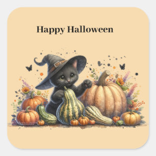 Adesivo Quadrado Kitten da Bruxa Negra do Halloween W/ Pumpkins Gou