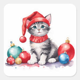 Adesivo Quadrado 🎨 Kitten Natal Brincando com Enfeites de natal
