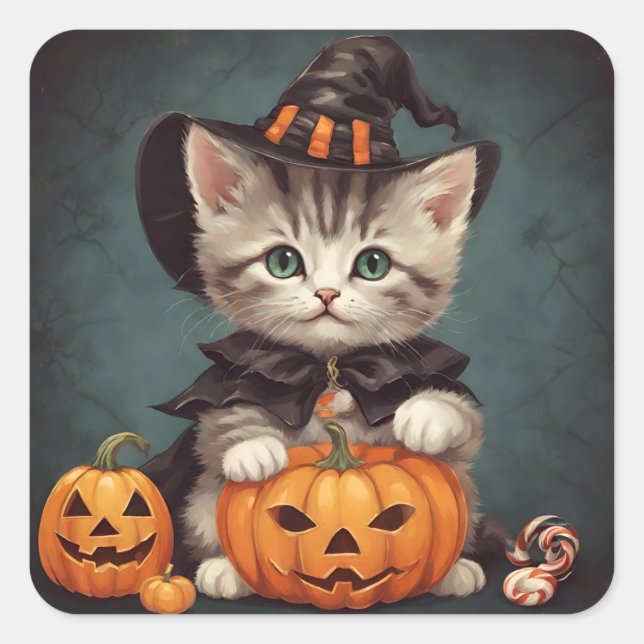 Adesivo Quadrado Kitten no Halloween Costume e Jack-O-Lanterna (Frente)