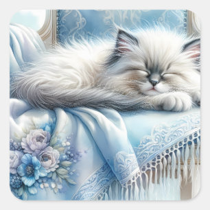 Adesivo Quadrado Kitty Adormecida Azul Sonho Cottagecore