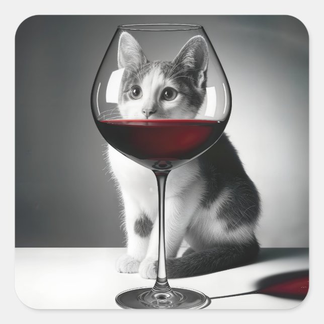 Adesivo Quadrado Kitty Peeking Through a Wine Glass (Frente)