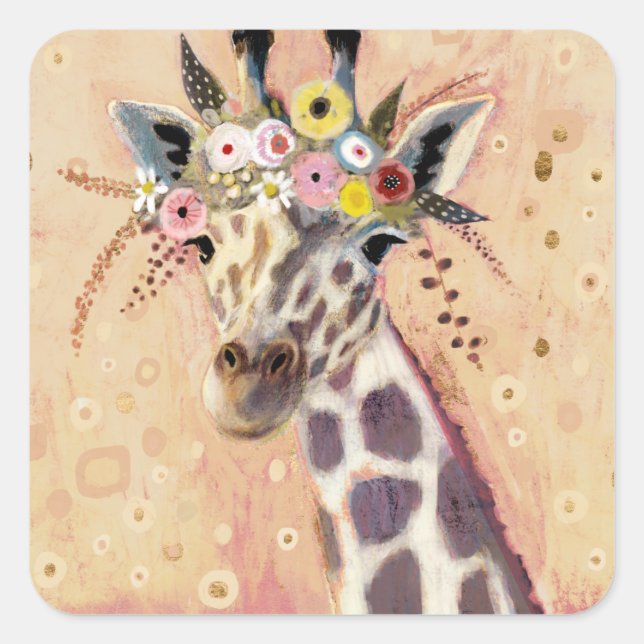 Adesivo Quadrado Klimt Giraffe | Adornada Em Flores (Frente)