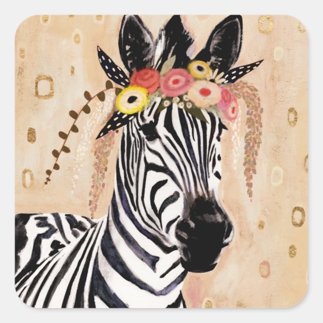 Adesivo Quadrado Klimt Zebra | Coroa De Flores (Frente)