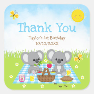 Adesivo Quadrado Koala Bears Picnic Birthday Blue Gingham Obrigado