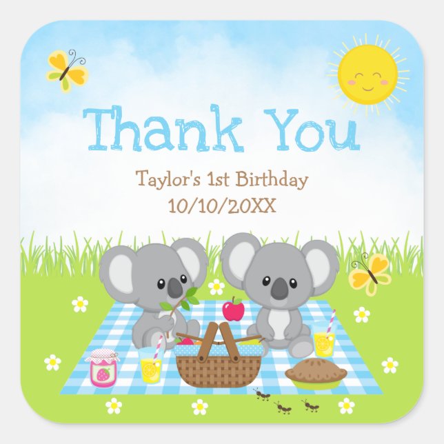 Adesivo Quadrado Koala Bears Picnic Birthday Blue Gingham Obrigado (Frente)