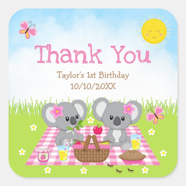 Adesivo Quadrado Koala Bears Picnic Birthday Pink Gingham Obrigado (Frente)