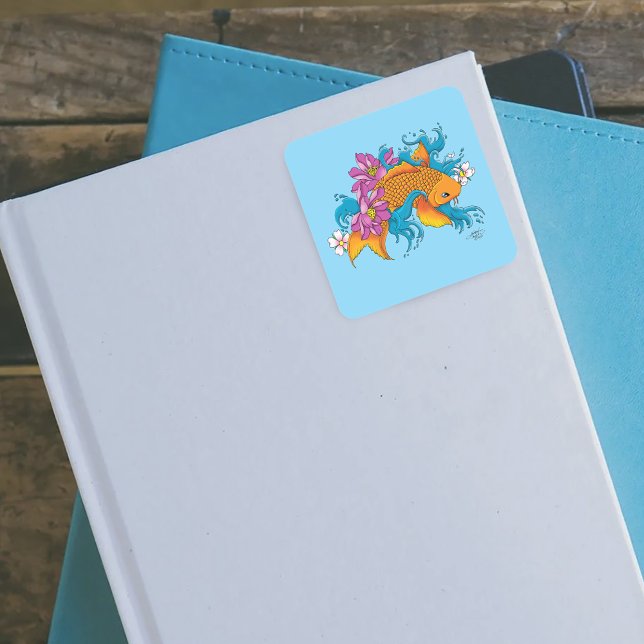 Adesivo Quadrado Koi Fish Lotus Cherry Blossoms (Criador carregado)