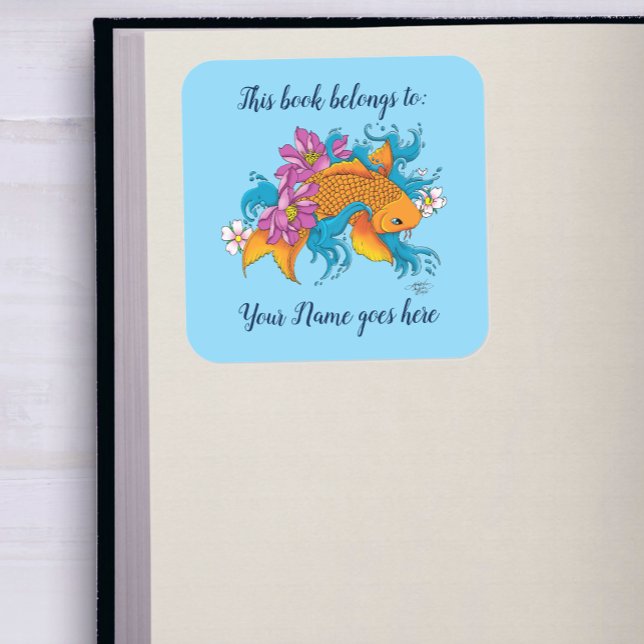 Adesivo Quadrado Koi Fish Lotus Cherry Blossoms Bookplate (Criador carregado)