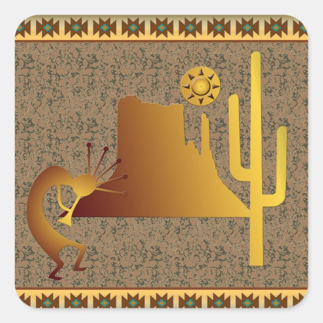 Adesivo Quadrado Kokopelli Mesa e Cactus Set #1 (Frente)