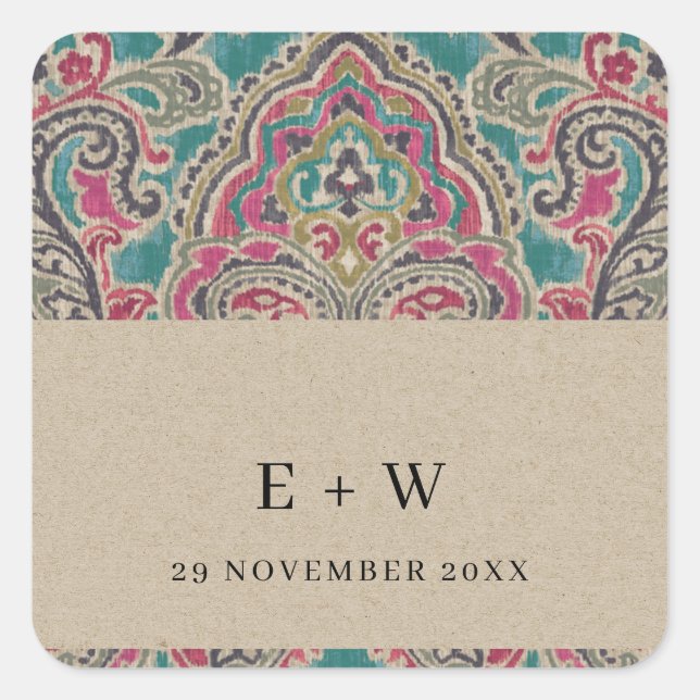 ADESIVO QUADRADO KRAFT BOHO TRIBAL IKAT PINK TEAL MONOGRAMA CASAMEN (Frente)