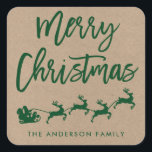 Adesivo Quadrado Kraft Brush Script Christmas Envelope Verde Seal<br><div class="desc">Kraft Modern Brush Script,  Papais noeis e Reindeer,  feliz envelope verde de Natal</div>