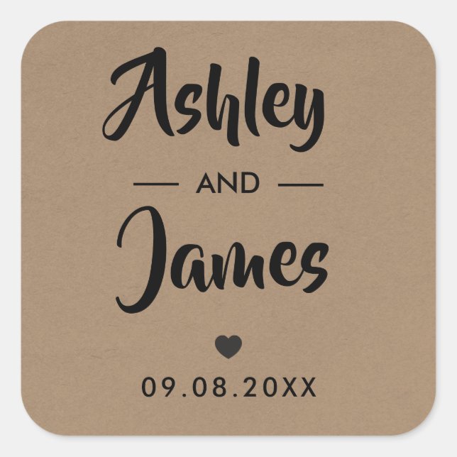 Adesivo Quadrado Kraft Wedding Favor Sticker, Personalizado, Nomes (Frente)