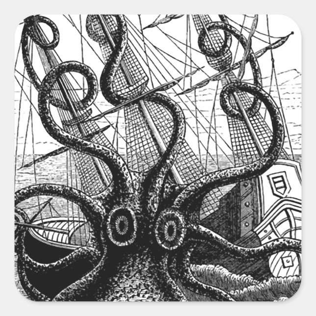 Adesivo Quadrado Kraken/Octopus Comendo Um Navio Pirata, Preto/Bran (Frente)