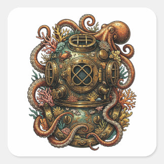 Adesivo Quadrado Kraken's Embrace - Vintage Dive Helmet